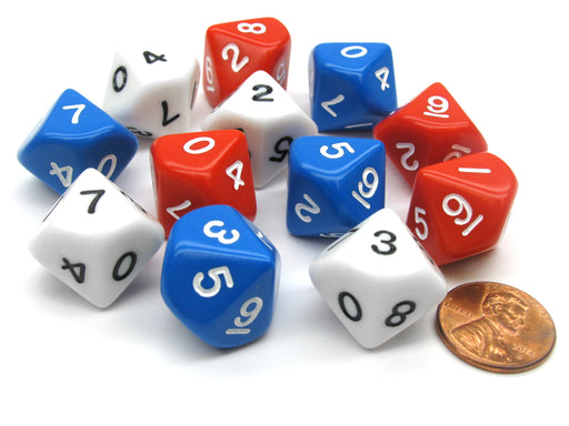 Set of 12 D10 16mm Patriotic Dice - 4 Each of Red White and Blue
