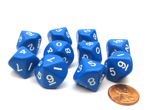 Set of 10 D10 10-Sided 16mm Opaque Dice - Blue with White Numbers
