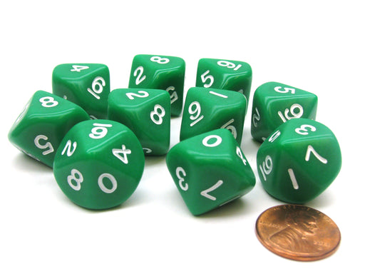 Set of 10 D10 10-Sided 16mm Opaque Dice - Green with White Numbers