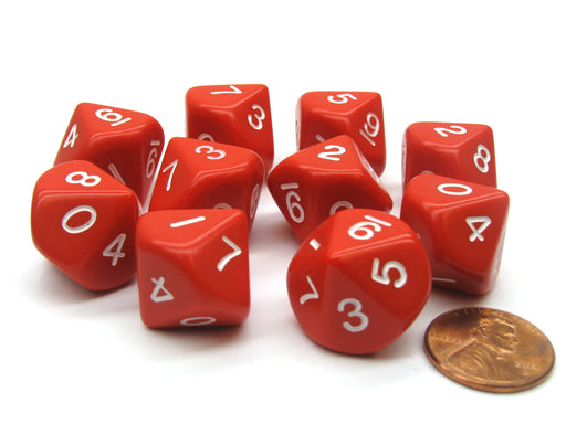 Set of 10 D10 10-Sided 16mm Opaque Dice - Red with White Numbers