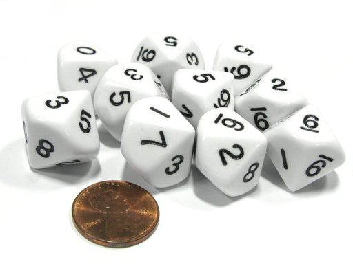 Set of 10 D10 10-Sided 16mm Opaque Dice - White with Black Numbers