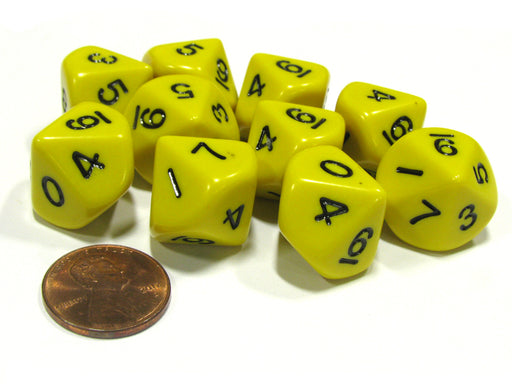 Set of 10 D10 10-Sided 16mm Opaque Dice - Yellow with Black Numbers