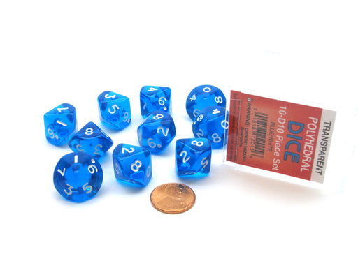 Pack of 10 D10 Transparent Dice in Display Case - Blue with White Numbers