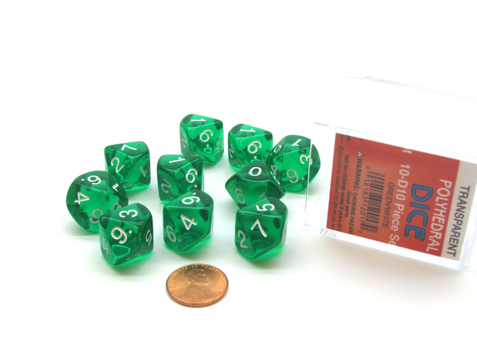 Pack of 10 D10 Transparent Dice in Display Case - Green with White Numbers