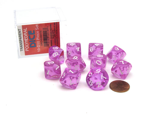 Pack of 10 D10 Transparent Dice in Display Case - Purple with White Numbers
