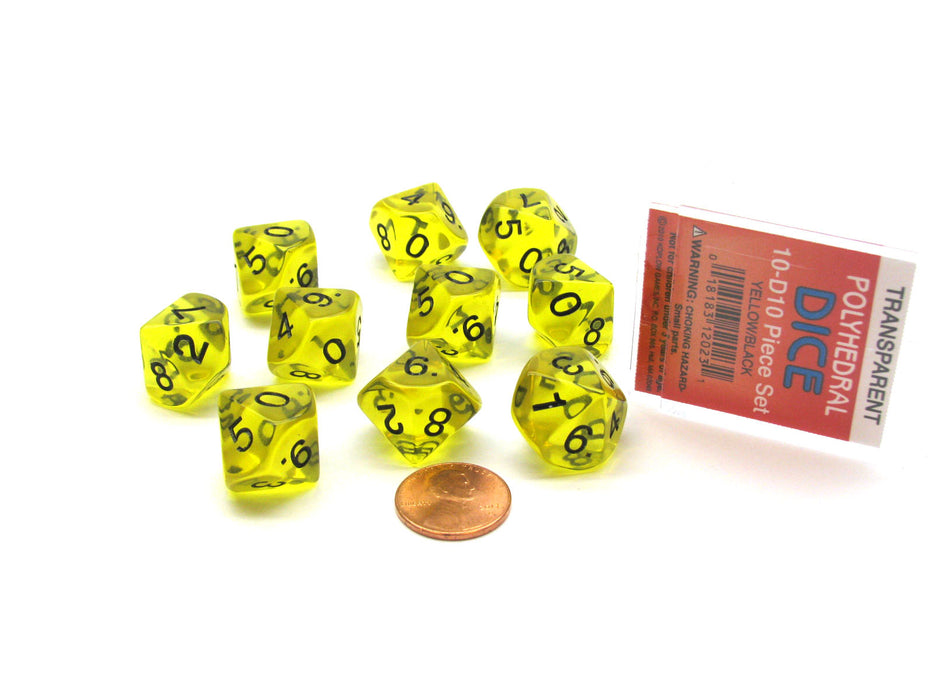 Pack of 10 D10 Transparent Dice in Display Case - Yellow with Black Numbers