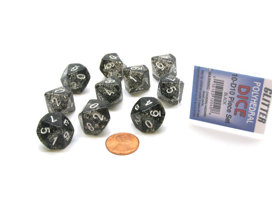Pack of 10 D10 Glitter Dice in Display Case- Black with White Numbers
