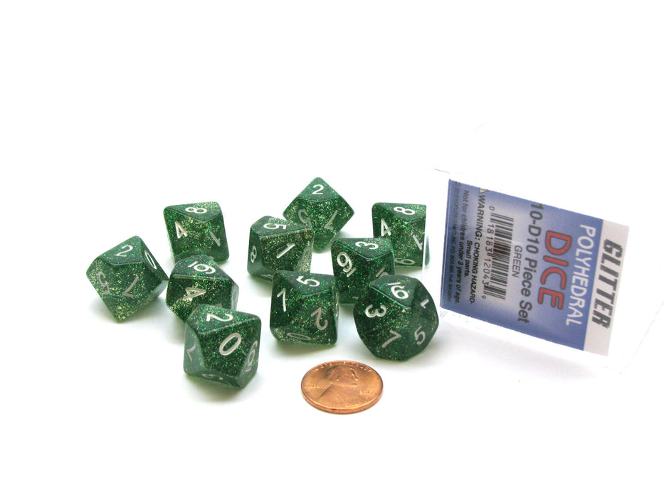 Pack of 10 D10 Glitter Dice in Display Case- Green with White Numbers