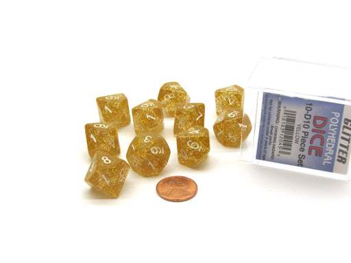 Pack of 10 D10 Glitter Dice in Display Case- Yellow with White Numbers