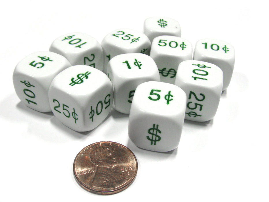 Set of 10 D6 16mm Educational Money Dollar and Cents Dice - White with Green