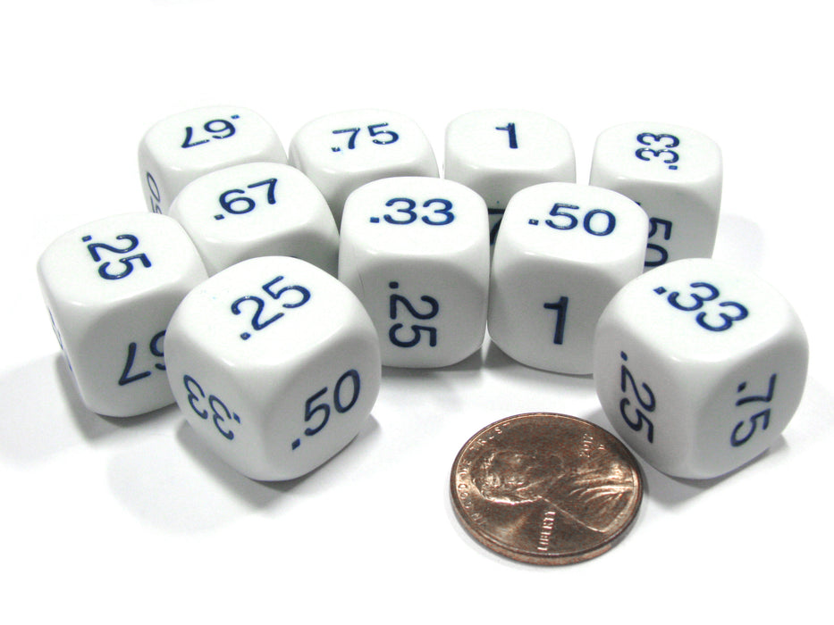 Set of 10 D6 16mm Educational Classroom Decimal Dice - White with Blue Numbers