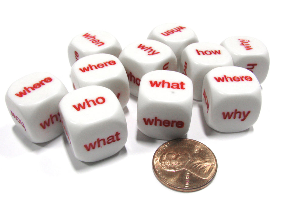 Set of 10 D6 16mm Educational English Interrogative Questions Dice- White w/ Red