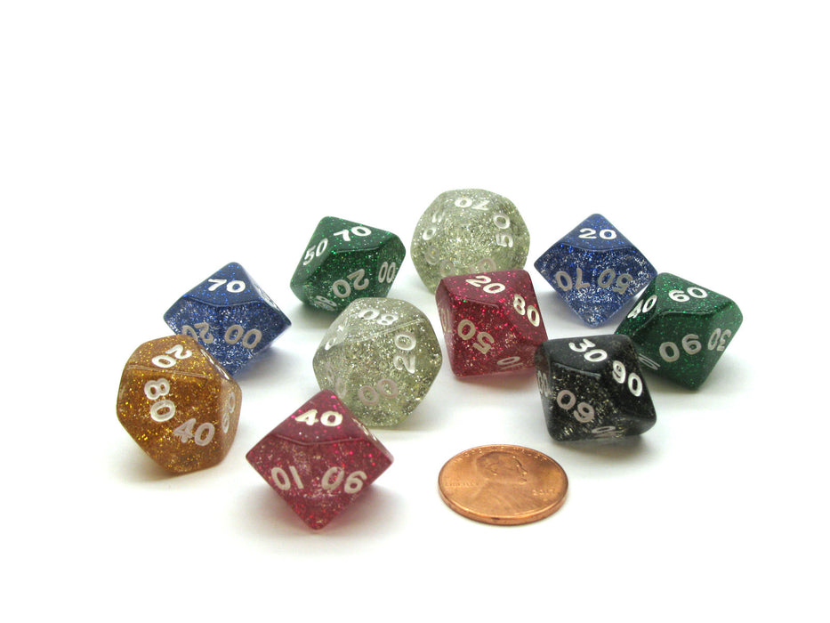 Pack of 10 Tens D10 Glitter Dice - Assorted Colors with White Numbers