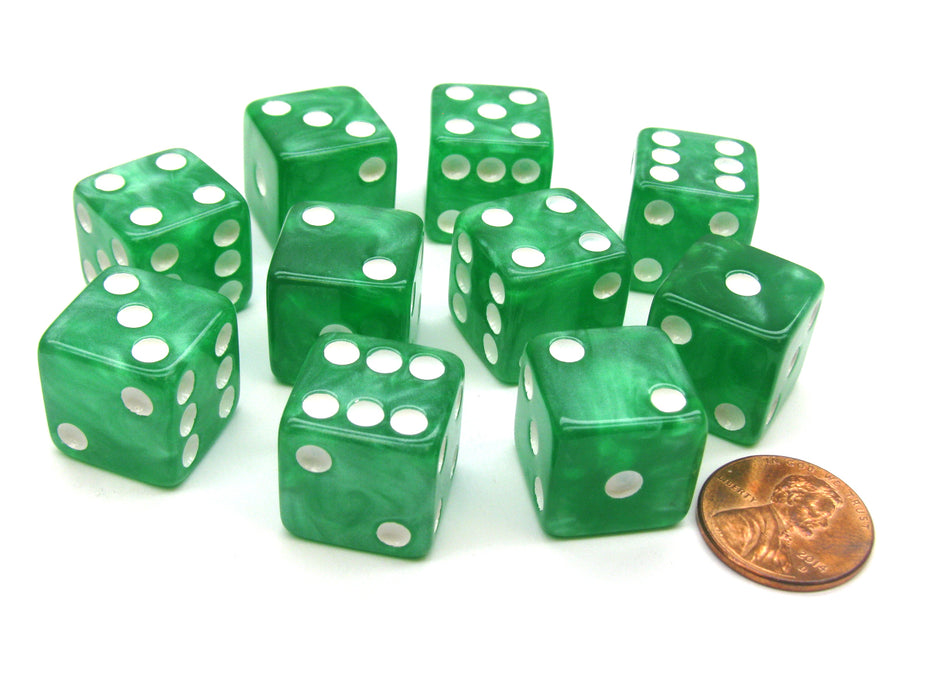 Set of 10 D6 16mm Marbleized Square Corner Dice - Green with White Pips