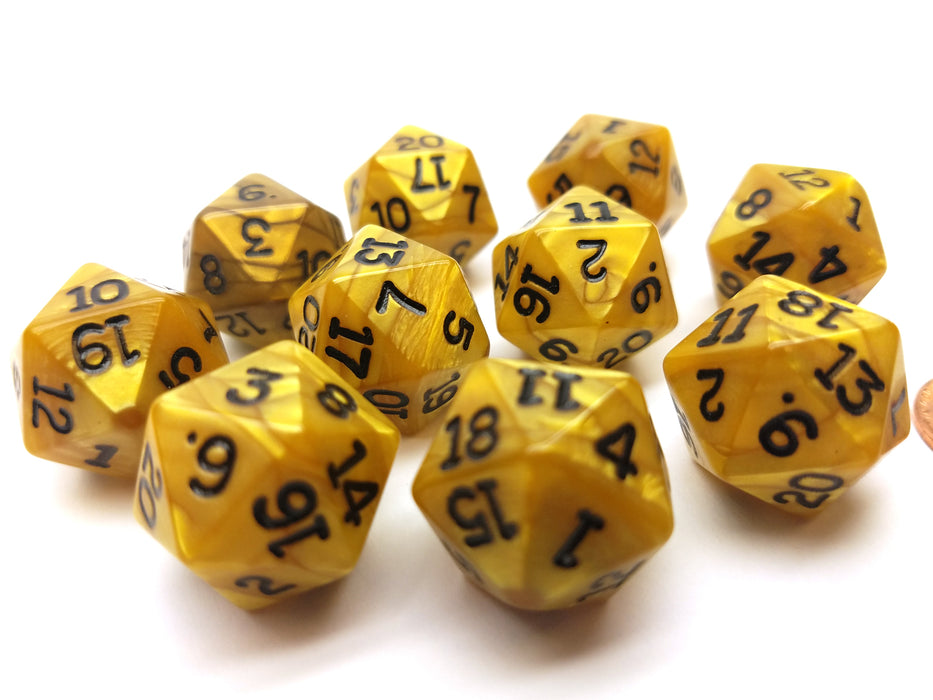 Set of 10 D20 19mm Olympic Pearlized Dice - Gold with Black Numbers