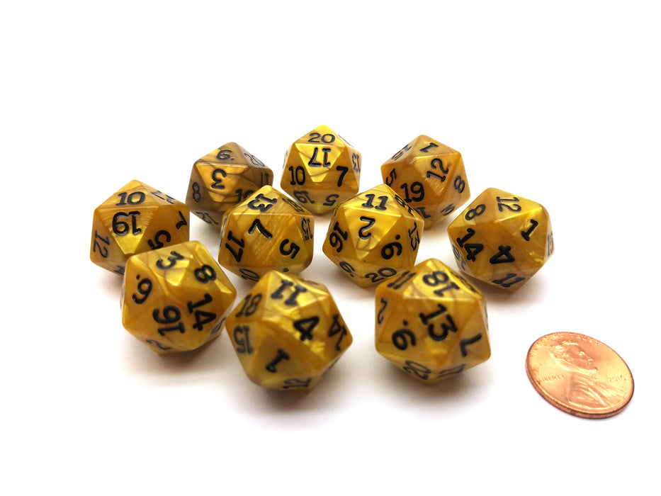 Set of 10 D20 19mm Olympic Pearlized Dice - Gold with Black Numbers