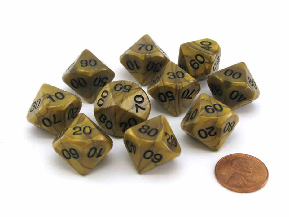 Set of 10 Tens D10 (00-90) Olympic Pearlized Dice - Gold with Black Numbers