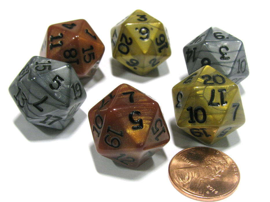 Set of 6 D20 19mm Olympic Pearlized Dice - 2 Each of Gold Silver and Bronze