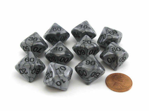 Set of 10 Tens D10 (00-90) Olympic Pearlized Dice - Silver with Black Numbers
