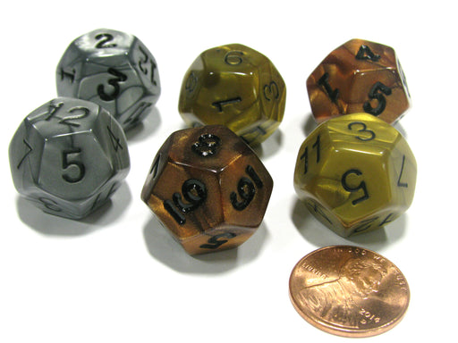 Set of 6 D12 18mm Olympic Pearlized Dice - 2 Each of Gold Silver and Bronze