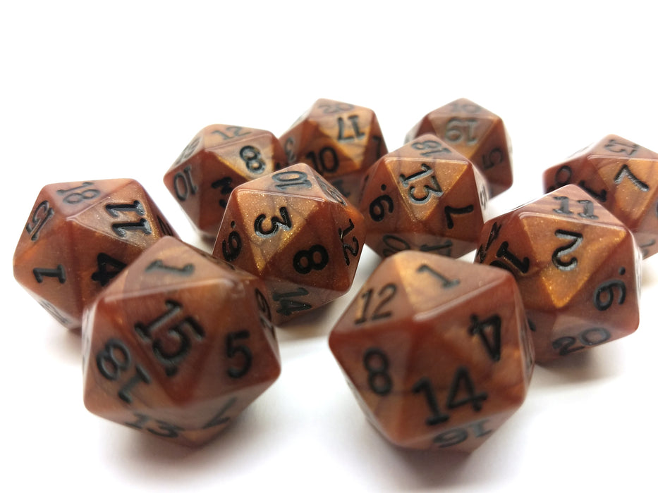 Set of 10 D20 19mm Olympic Pearlized Dice - Bronze with Black Numbers