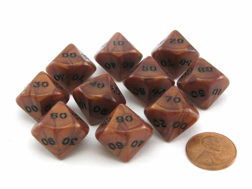 Set of 10 Tens D10 (00-90) Olympic Pearlized Dice - Bronze with Black Numbers