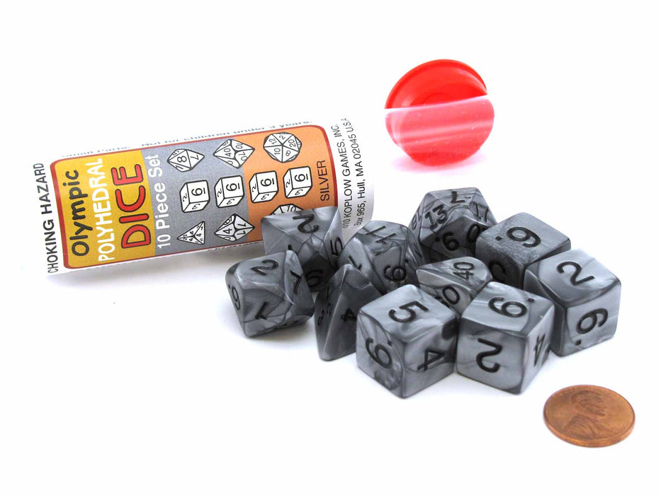 Polyhedral 10-Die Olympic Pearlized Dice Set - Silver with Black Numbers