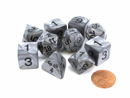 Polyhedral 10-Die Olympic Pearlized Dice Set - Silver with Black Numbers