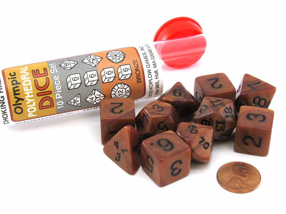 Polyhedral 10-Die Olympic Pearlized Dice Set - Bronze with Black Numbers