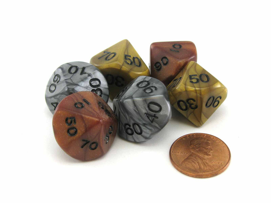 Set of 6 Tens D10 (00-90) Olympic Pearlized Dice - 2 Each of Gold Silver Bronze