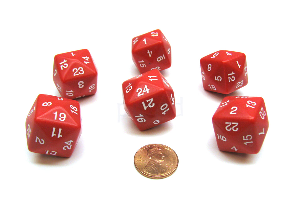 Set of 6 D24 Opaque 24mm 24-Sided Gaming Dice - Red