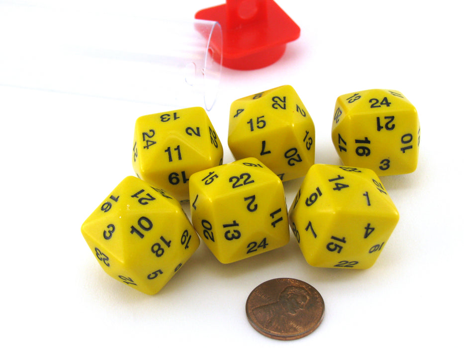 Set of 6 D24 Opaque 24mm 24-Sided Gaming Dice - Yellow with Black Numbers
