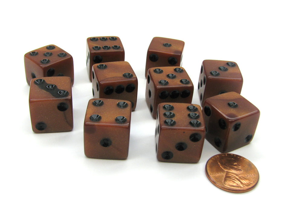 Set of 10 D6 16mm Olympic Pearlized Standard Size Dice - Bronze with Black Pips