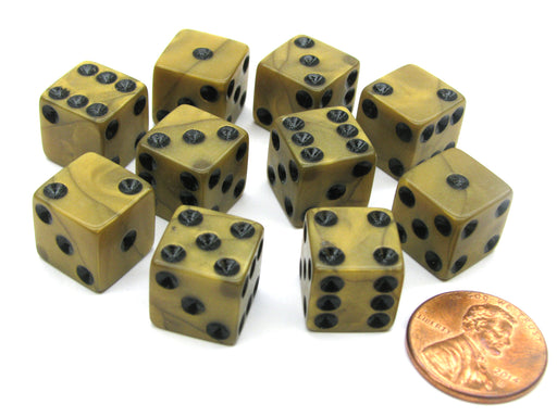 Set of 10 D6 12mm Olympic Pearlized Dice - Gold with Black Pips
