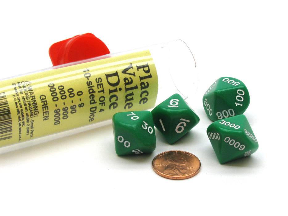 Set of 4 Place Value D10 Dice, 0 to 9000 - Green with White Numbers