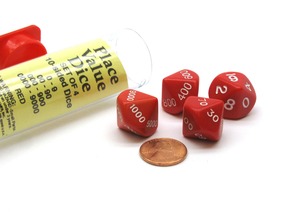 Set of 4 Place Value D10 Dice, 0 to 9000 - Red with White Numbers
