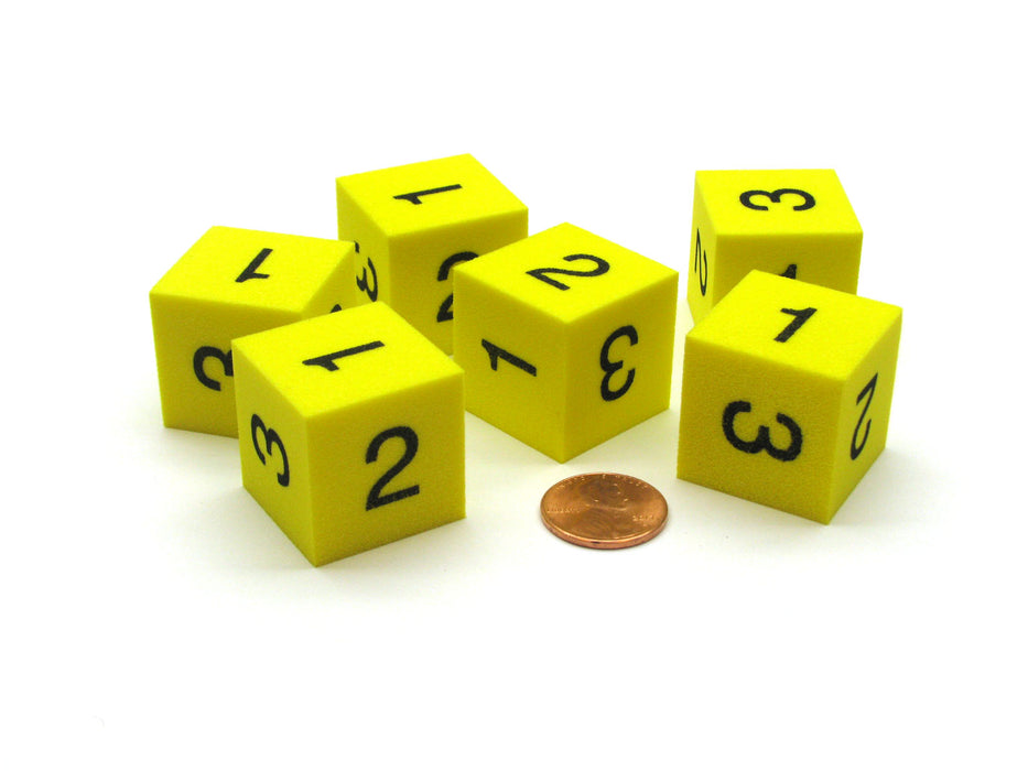 Pack of 6 25mm 6-Sided D3 Foam Dice, Numbered 1-3 Twice - Yellow with Black