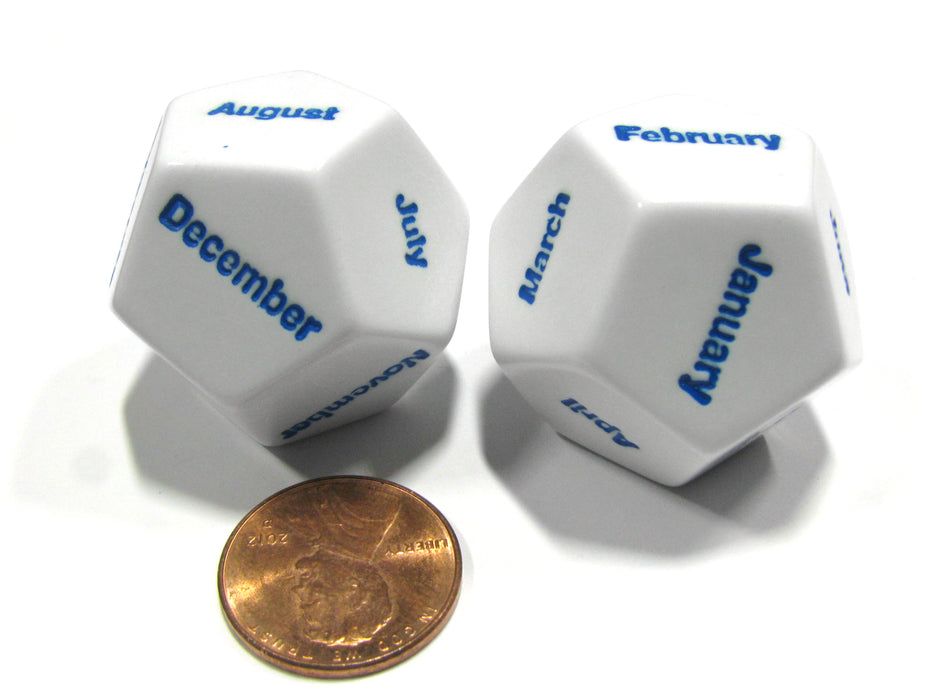 Set of 2 D12 Months of the Year Setting Educational Dice White with Blue Letters
