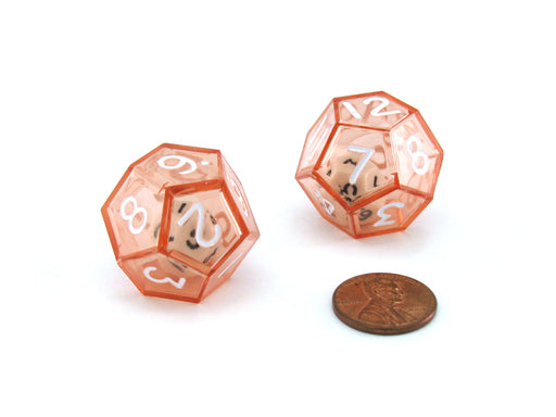 Set of 2 D12 25mm Double Dice, 2-In-1 Dice - White Inside Translucent Red Die