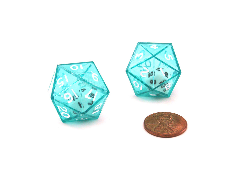Set of 2 D20 24mm Double Dice, 2-In-1 Dice - White Inside Translucent Green Die