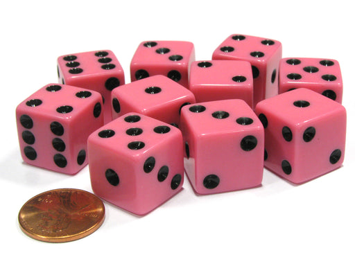Set of 10 Six Sided Square Opaque 16mm D6 Dice - Pink with Black Pip Die