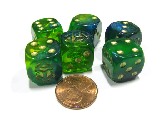 Set of 6 Beetle 16mm D6 Round Edge Animal Dice - Blue-Green with Gold Pips
