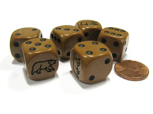 Set of 6 Brown Bear 16mm D6 Round Edge Animal Dice