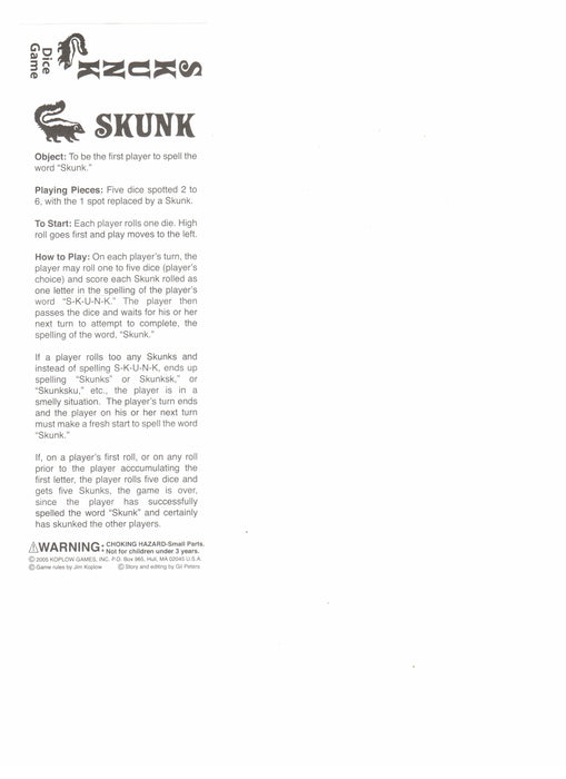 Skunk Dice Game 5 Dice Set with Travel Tube and Instructions