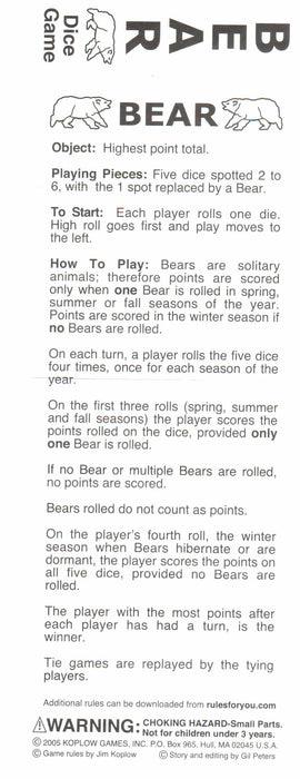 Brown Bear Dice Game 5 Dice Set with Travel Tube and Instructions