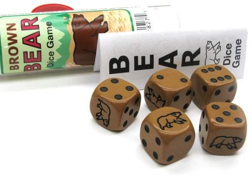Brown Bear Dice Game 5 Dice Set with Travel Tube and Instructions