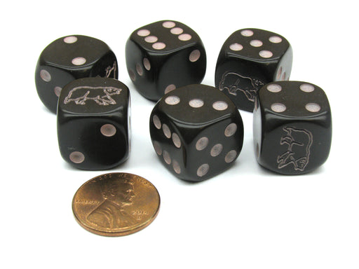 Set of 6 Black Bear 16mm D6 Round Edge Animal Dice