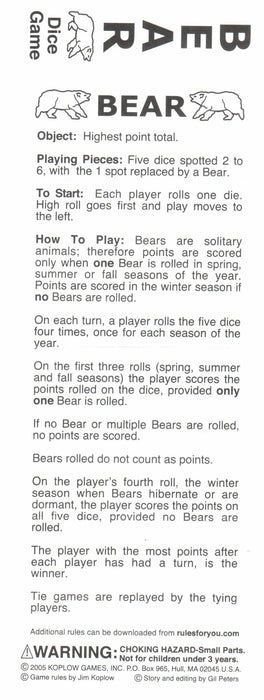 Black Bear Dice Game 5 Dice Set with Travel Tube and Instructions