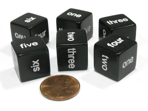 Set of 6 D6 16mm Word Number Dice - Black with White Numbers
