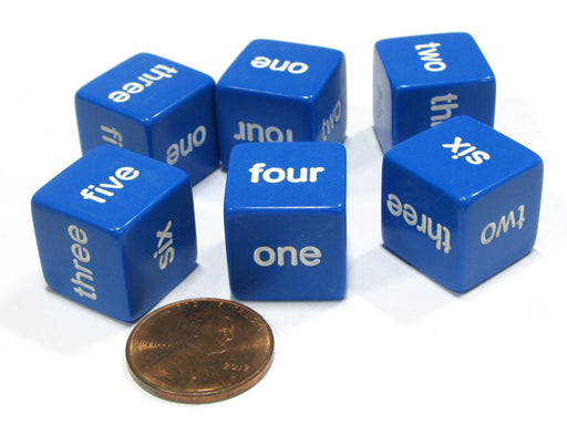 Set of 6 D6 16mm Word Number Dice - Math Educational Die - Blue with White Pip